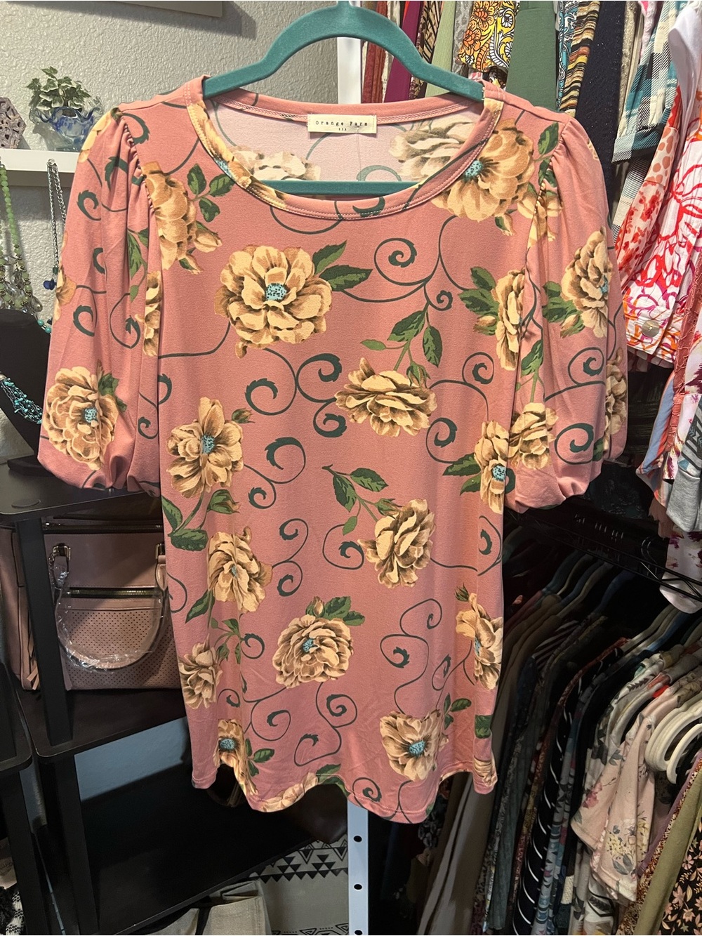 Orange Farms USA Pink Floral Blouse with Puff Sleeves